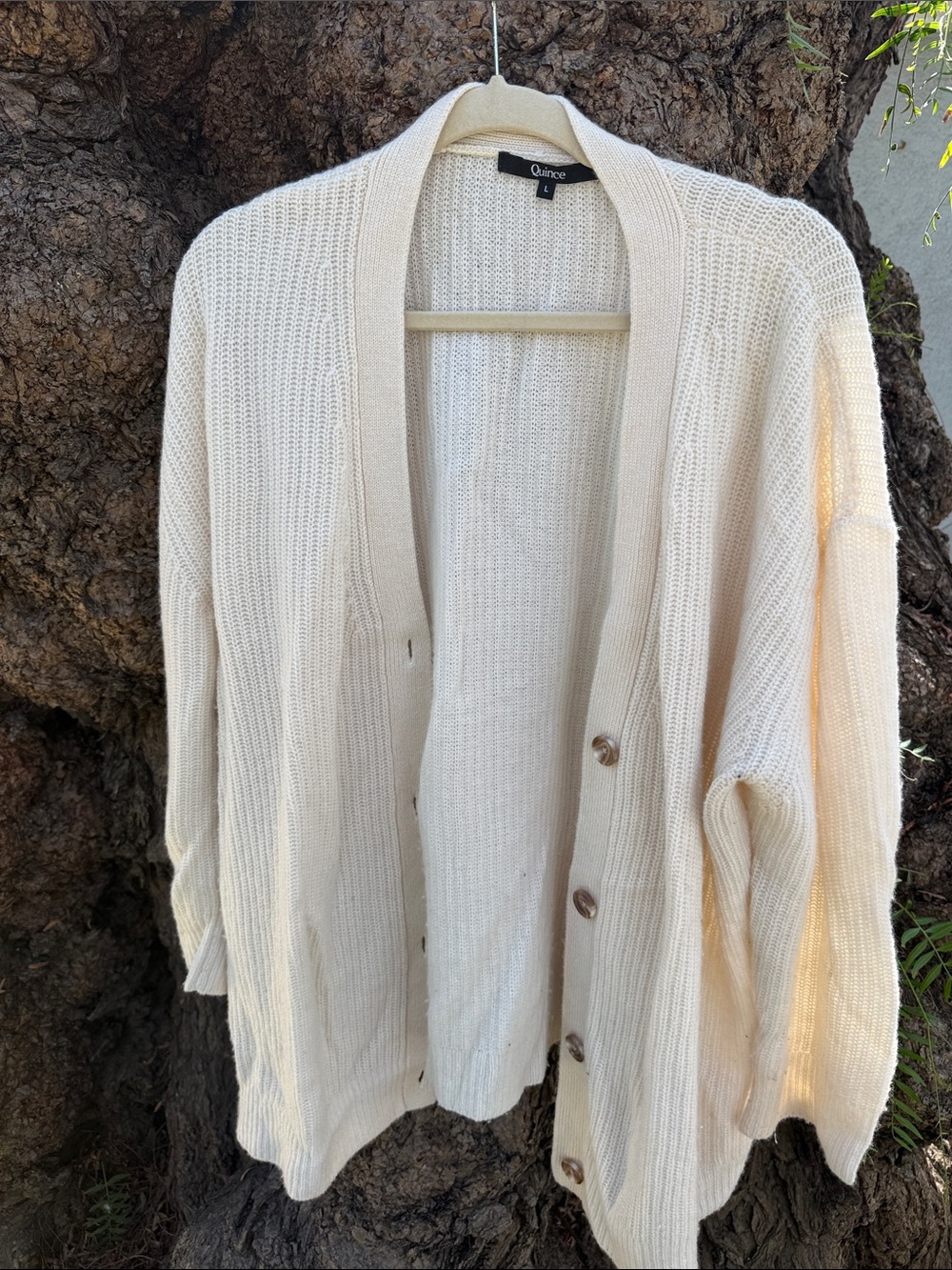 Quince Cream Open-Front Lightweight Button Cardigan